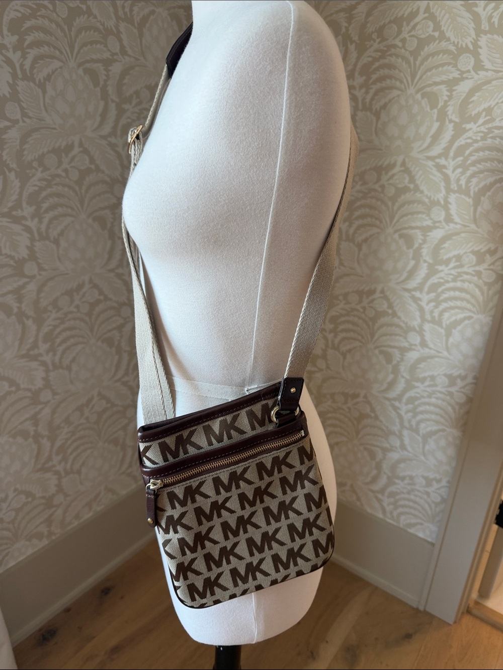 Michael Kors Brown MK Logo Crossbody with Cream Strap